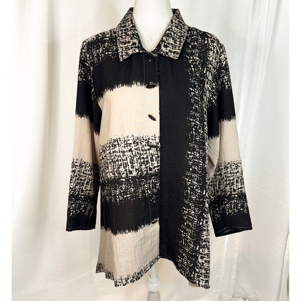 Habitat Women's Medium Lagenlook Tunic Top Black Beige Abstract Button Shirt EUC